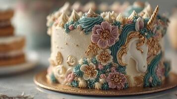 Unicorn cake decorated with pastel flowers and intricate designs for a children's birthday celebration photo