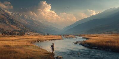 Child explores a riverbank in a picturesque valley surrounded by mountains during sunset photo