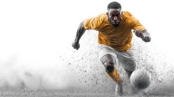 Exciting soccer player sprints through dust on outdoor field during match captured in dynamic action shot photo