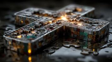 Intricate metallic cross design shines amidst dark, wet surface reflecting light photo