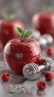 Juicy red apple with water droplets and dumbbell surrounded by raspberries on a gray background photo
