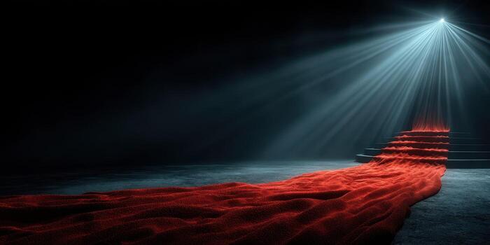 Mysterious red path illuminated by bright light leading to shadowy stairs in a dark environment photo