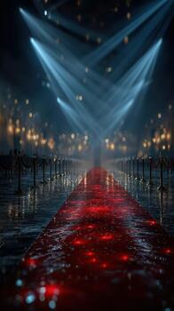 Red carpet event lit by dramatic lighting amidst a glamorous atmosphere with reflections on a wet surface photo