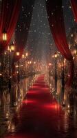 Elegant festive walkway with red carpet, lanterns, and sparkling lights during a holiday celebration in a city photo