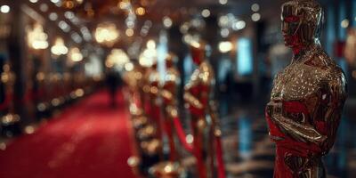 Celebratory atmosphere at a prestigious award ceremony featuring gleaming statues and a luxurious red carpet photo