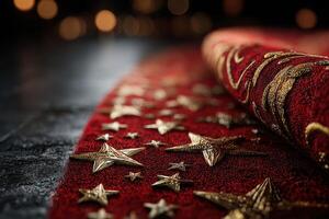 Detailed red fabric with gold star patterns showcases intricate design during an elegant event at night photo