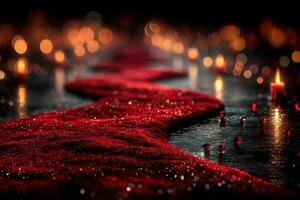 Romantic pathway lined with glowing candles and red fabric during an evening celebration for love photo