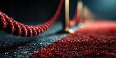 Luxurious red carpet with velvet ropes guides guests at an elegant event venue during the evening photo
