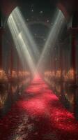 Elegant hall adorned with red carpet and candlelight under shimmering beams of light at an evening event photo
