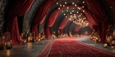Elegant corridor adorned with red curtains and soft lighting creating a magical atmosphere photo