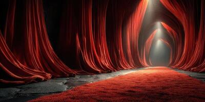 Dramatic red velvet curtains create a stunning corridor with a red carpet leading to soft light in a mysterious location photo