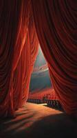 Majestic red velvet curtains open to reveal an empty theater stage bathed in soft, warm light during an evening performance photo