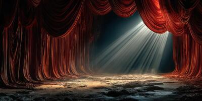 Dramatic stage with red curtains and spotlight illuminating an empty theater at dusk photo