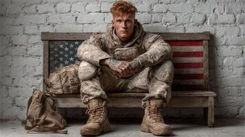 Soldier in tactical gear poses on a bench with an American flag backdrop in a rustic setting photo