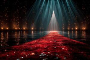 Red carpet leading to a spotlight in a dark venue with shimmering reflections on the floor during an evening event photo