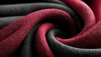 Textured fabric weave showcasing deep red and black colors in a smooth spiral form for creative design inspiration photo