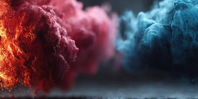 Dynamic swirling clouds of red and blue smoke create a vibrant contrast in an abstract setting during an artistic presentation photo