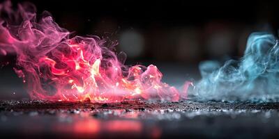 Colorful smoke swirls in vibrant patterns on dark background creating a dynamic visual display of blue and red hues photo