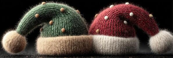 Festive handmade Christmas hats in vibrant colors placed side by side on a dark surface for holiday decoration photo
