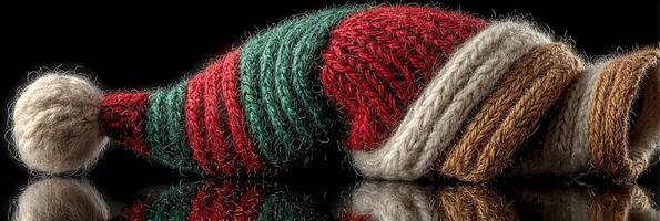 Festive knitted holiday hat resting on a reflective surface in a cozy, warm atmosphere for Christmas celebrations photo
