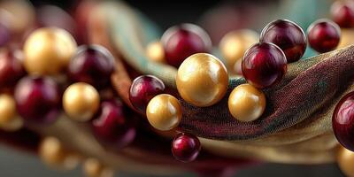 Colorful arrangement of beads on a textured fabric showcasing elegance and creativity in decorative design photo
