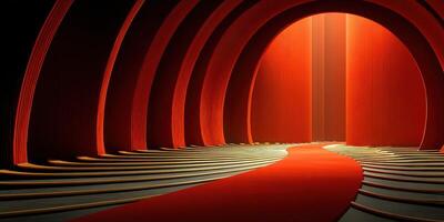 Elegant red archway leading to a dramatic entrance in a modern venue at twilight photo