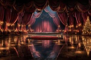 Elegant theater stage with red curtains and festive decorations during a holiday performance evening photo