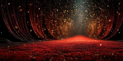 Illuminated pathway with sparkling particles in a dramatic setting at night photo