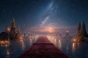 Nighttime scene of a red carpet pathway leading through trees under a starry sky by a serene body of water photo