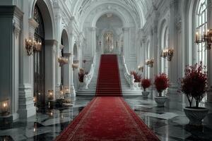 Luxurious grand staircase with elegant decor and vibrant flora inside a lavish estate during daylight hours photo