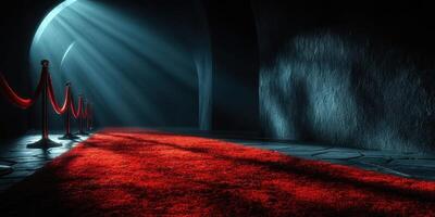 Mystical corridor with red carpet and soft light illuminating the elegant path in a dimly lit hall photo