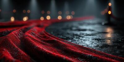 Red fabric flows across a dark surface under soft lights at a stylish indoor event showcasing luxury and elegance photo