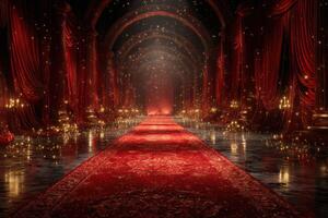 Elegant red carpet hallway adorned with luxurious curtains and glowing lights creates a captivating atmosphere for events photo
