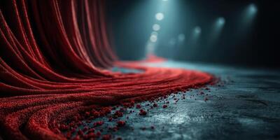 Dramatic red fabric flows across dark space with focused lighting creating an artistic atmosphere photo
