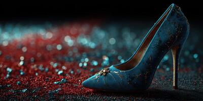 Elegant blue high heel shoe on a shimmering red and teal background featuring intricate embellishments photo