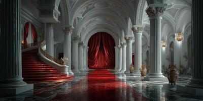 Elegant architectural interior with red carpet, grand staircase, and opulent decor in a lavish ballroom setting photo