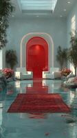 Modern interior design features a red door and flooded floor with white furniture and foliage photo
