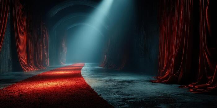 Candle-lit corridor with red curtains and a glowing red carpet leading to an unknown destination at a mysterious venue photo