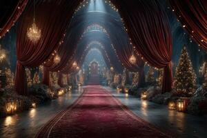 Holiday celebration in an elegant hall with decorated trees and warm lighting photo