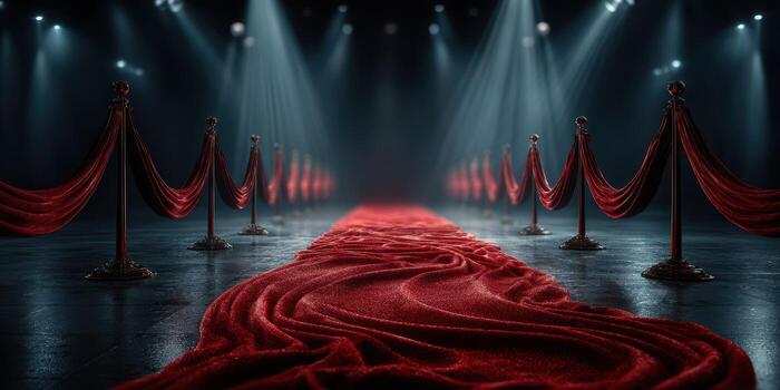 Red carpet pathway lined with velvet ropes under bright stage lights creating an elegant atmosphere photo