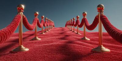 Elegant red carpet lined with classic rope barriers leading to a bright blue sky photo