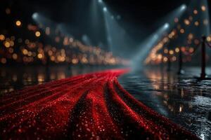 Elegant red carpet leads to a grand event venue illuminated by soft lighting and bokeh effects at night photo