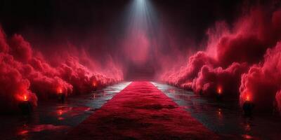 Dramatic red carpet entrance with fog and atmospheric lighting in an enclosed space for a special event celebration photo