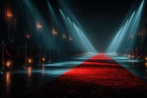 Dramatic red carpet event with spotlight illuminating the runway in an elegant venue at night photo