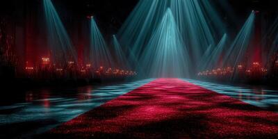 Dramatic runway with vibrant lights and a glossy surface showcasing a fashion event atmosphere in a dimly lit venue photo