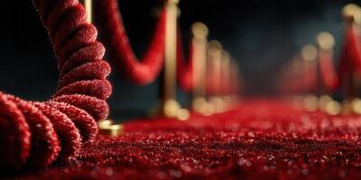 Luxurious red carpet leading to a glamorous event with polished ropes and atmospheric lighting at an evening gathering photo