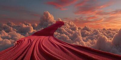 Colorful pathway winding through vibrant clouds at sunset photo