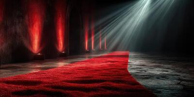 Elegant red carpet awaits guests in a dimly lit venue with dramatic lighting effects photo