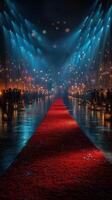 Red carpet event featuring dramatic lighting and an elegant atmosphere with spectators in attendance photo