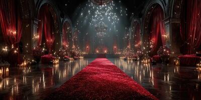 Elegant ballroom adorned with red carpet and sparkling chandeliers during a grand evening event photo